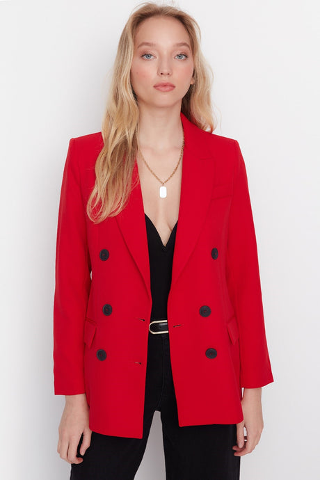 Red Woven Lined Double-breasted Closure Blazer Jacket Twoaw23bc00019