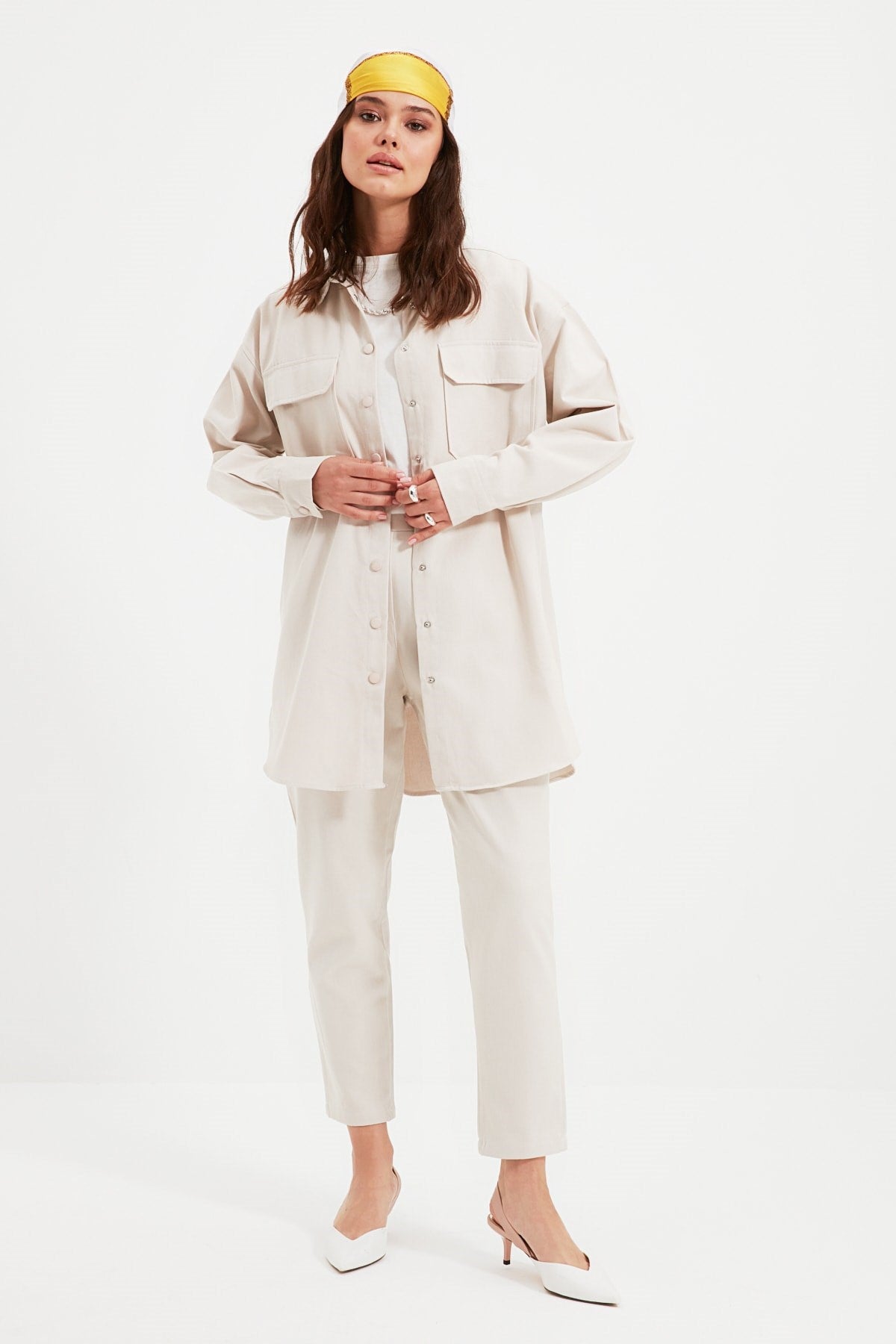 Cream Pocket Detailed Snap Closure Shirt-pants Woven Suit Tctaw22us0013