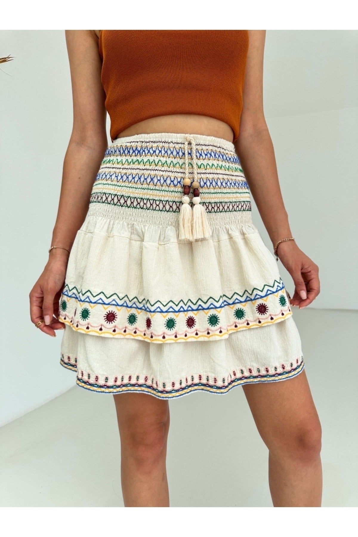 Stone Waist Draped Embroidered Skirt 7111