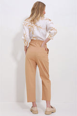 Women's Camel 3 Pockets Waist Elastic Front Stitched Gabardine Pants Alc-x11417