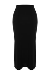 Black Crepe Buckle Slit Detailed Maxi High Waist Flexible Knit Skirt Twoaw24et00054