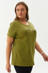 Women's Green Plus Size Cotton Letter Printed Short Sleeve Sport&casual T-shirt 0276 Tb22wl07s0276-1