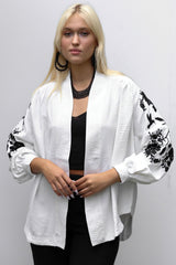 Women's White Collarless Balloon Sleeve Embroidered Regular Oversize Casual Viscose Woven Jacket M10