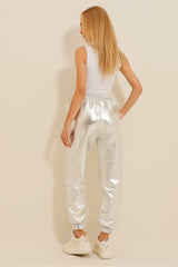 Women's Silver Scalloped Jogger Pants Alc-x11262 With Elasticated Front Grass Glitter Silver Waist A