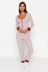 Burgundy Striped Camisole Knitted Pajama Set Thmaw24pt00141