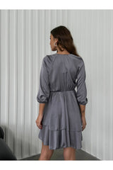 Women's Grey Double-breasted Ruffle Satin Dress 2547