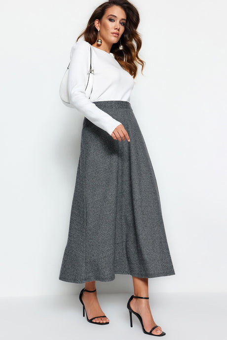 Grey High Waist Button Closure A-line Knitted Skirt Tctaw23ee00052