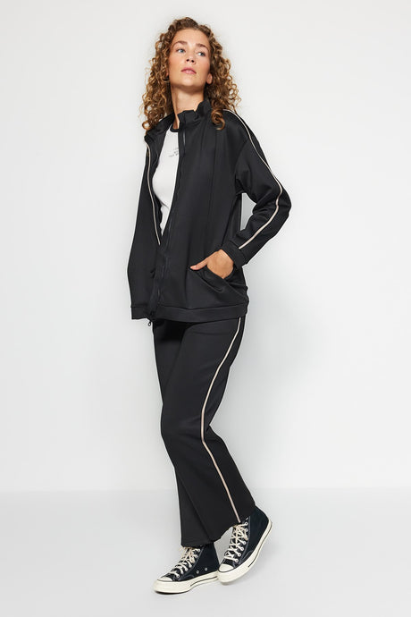 Black Zipper Scuba Cardigan-pants Knitted Bottom-top Suit Tctaw24us00084