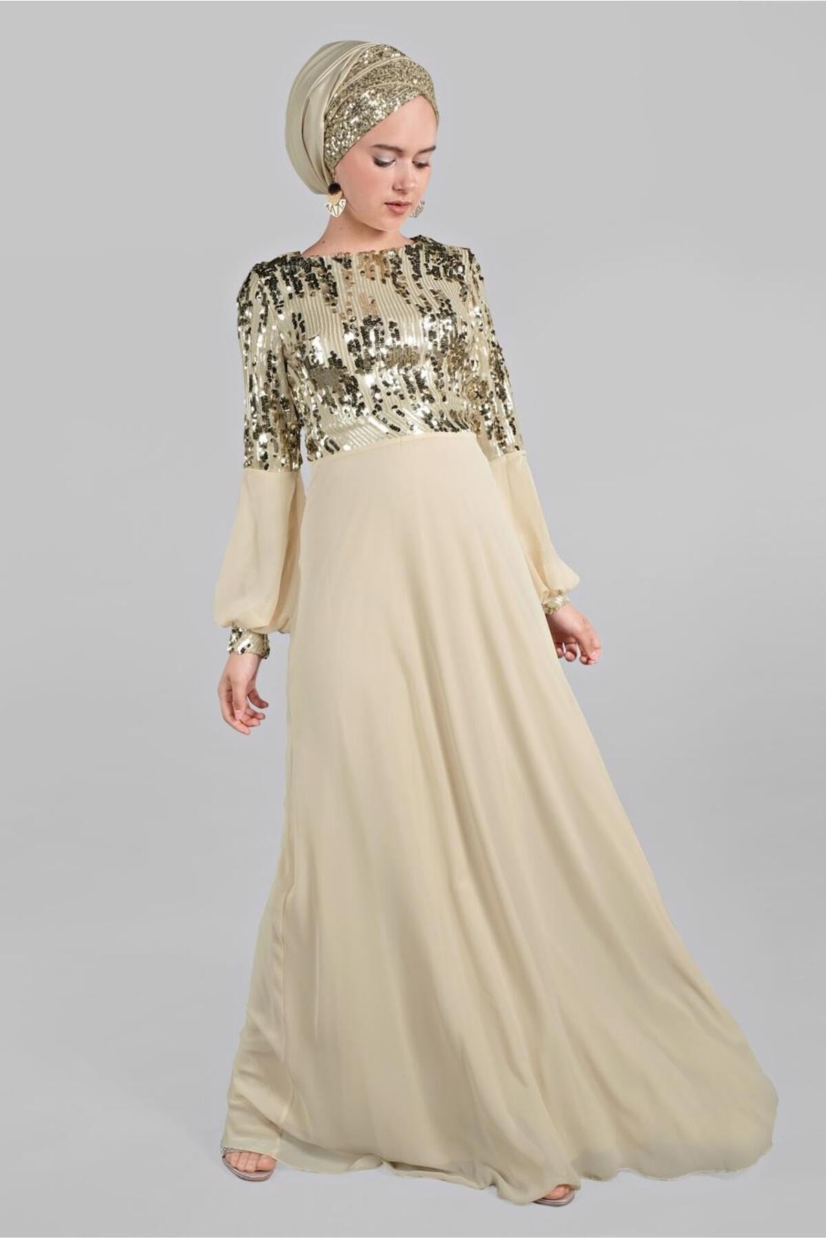 Women's Beige Sequin Sleeves Balloon Evening Dress 63393 19yablt63393