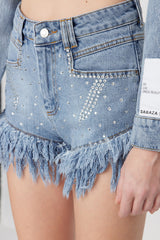 X Sagaza Studio Blue Stone Printed Denim Shorts Tclss23sr00000