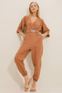 Women's Taba Double-breasted Collar Waist Belted Linen Jumpsuit Alc-x10443