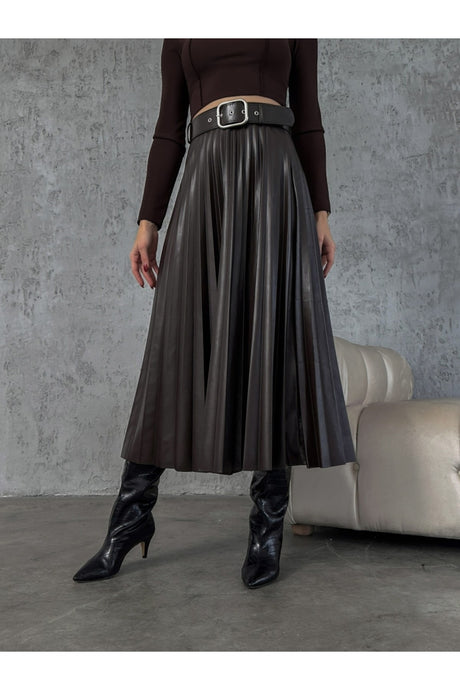 Leather Skirt With Tulle Pleat Belt 37007