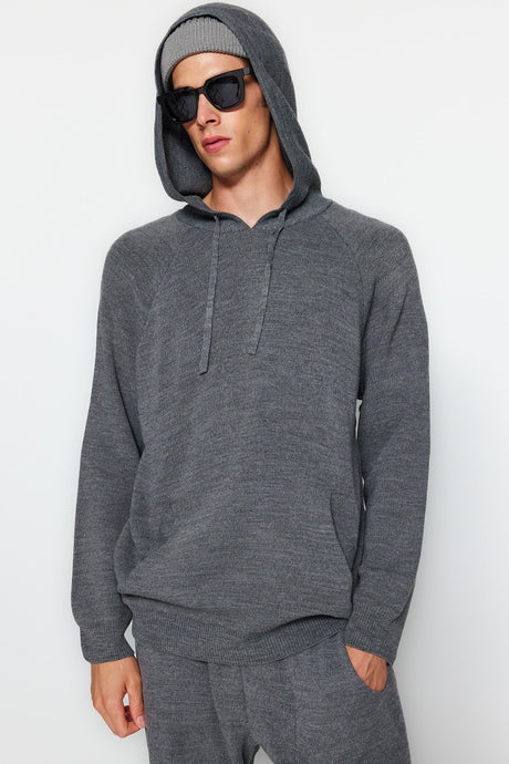 Grey Mens Regular Fit Hooded Kangaroo Pocket Knitwear Sweater Tmnaw23kz00281