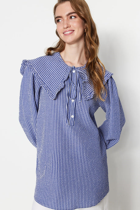 Blue Baby Collar Woven Wafer Ruffle Pattern Tunic Tctss23uk00065