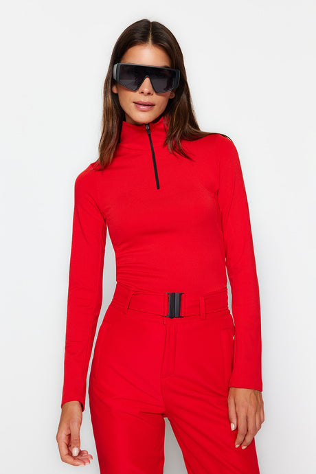 Winter Essentials Red Scuba/plunge Fabric Polarized Zipper Detailed Ski Blouse Thmaw24bz00001