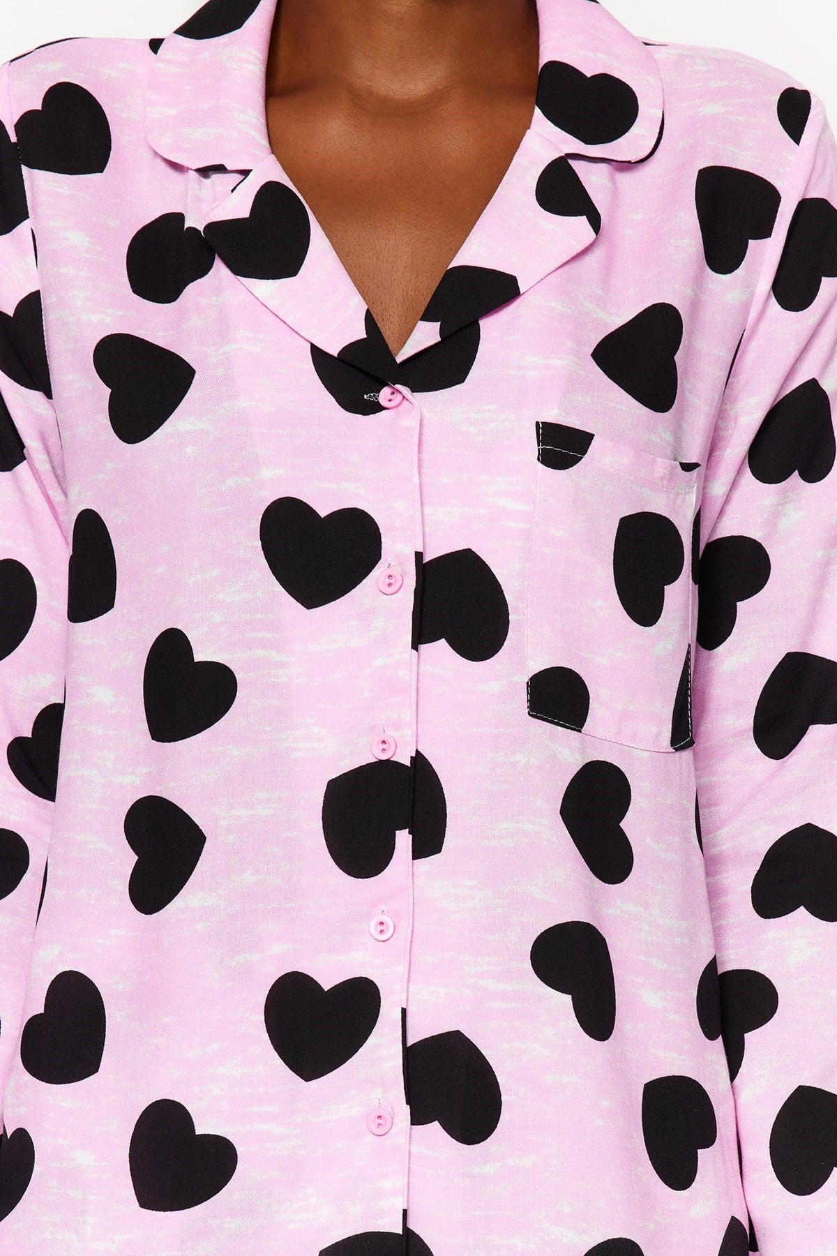 Pink*001 Heart Button Woven Pajama Set Thmaw21pt0936