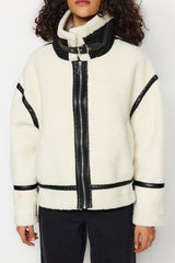 White Plush Faux Leather Detailed Coat Twoaw24kb00215