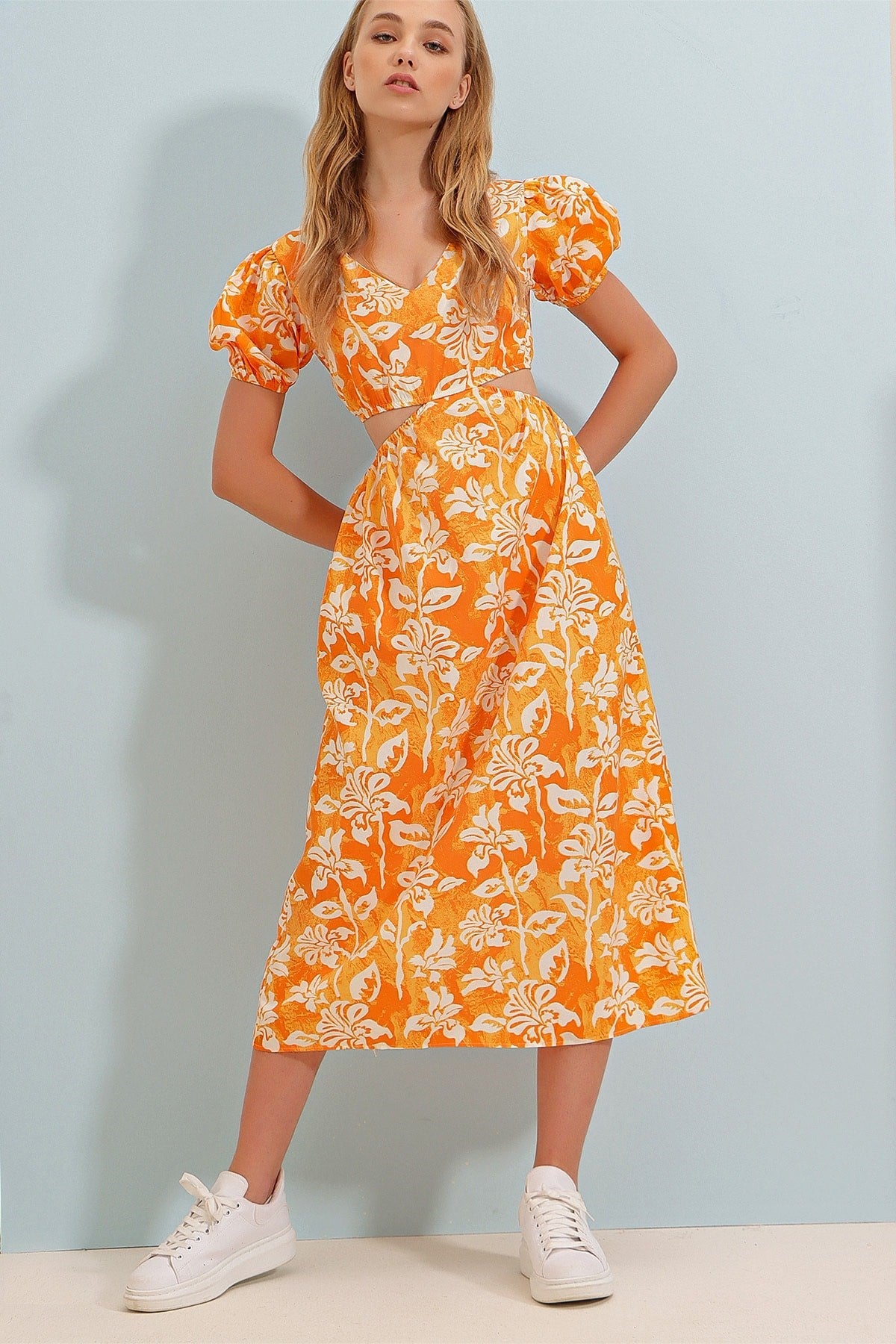 Women's Orange V Neck Princess Sleeve Waist Neckline Floral Pattern Midiboy Poplin Dress Alc-x8579