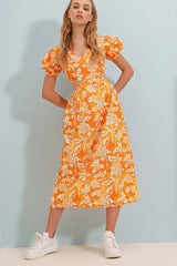 Women's Orange V Neck Princess Sleeve Waist Neckline Floral Pattern Midiboy Poplin Dress Alc-x8579