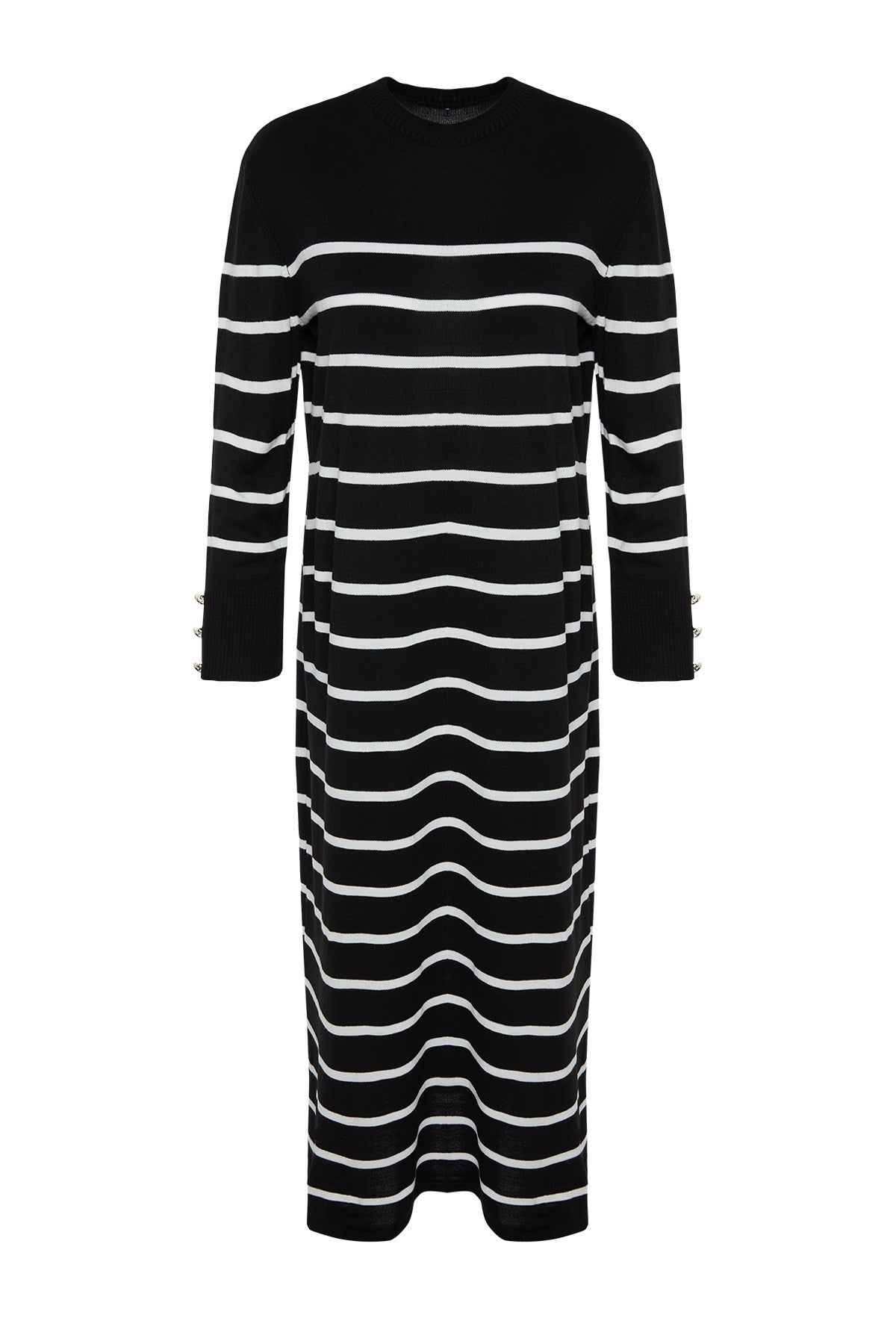 Black Sleeves Button Detailed Striped Knitwear Dress Tctaw24eb00002