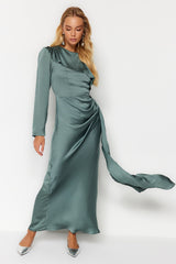 Khaki Shawl Detailed Satin Evening Dress Tctaw24db00004