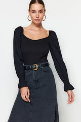 Black Ribbed Poplin Detailed Heart Neckline Fitted/body Fitting Flexible Knit Blouse Twoaw24bz00356