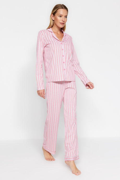 Pink 100% Cotton Striped Shirt-pants Knitted Pajama Set Thmaw24pt00144