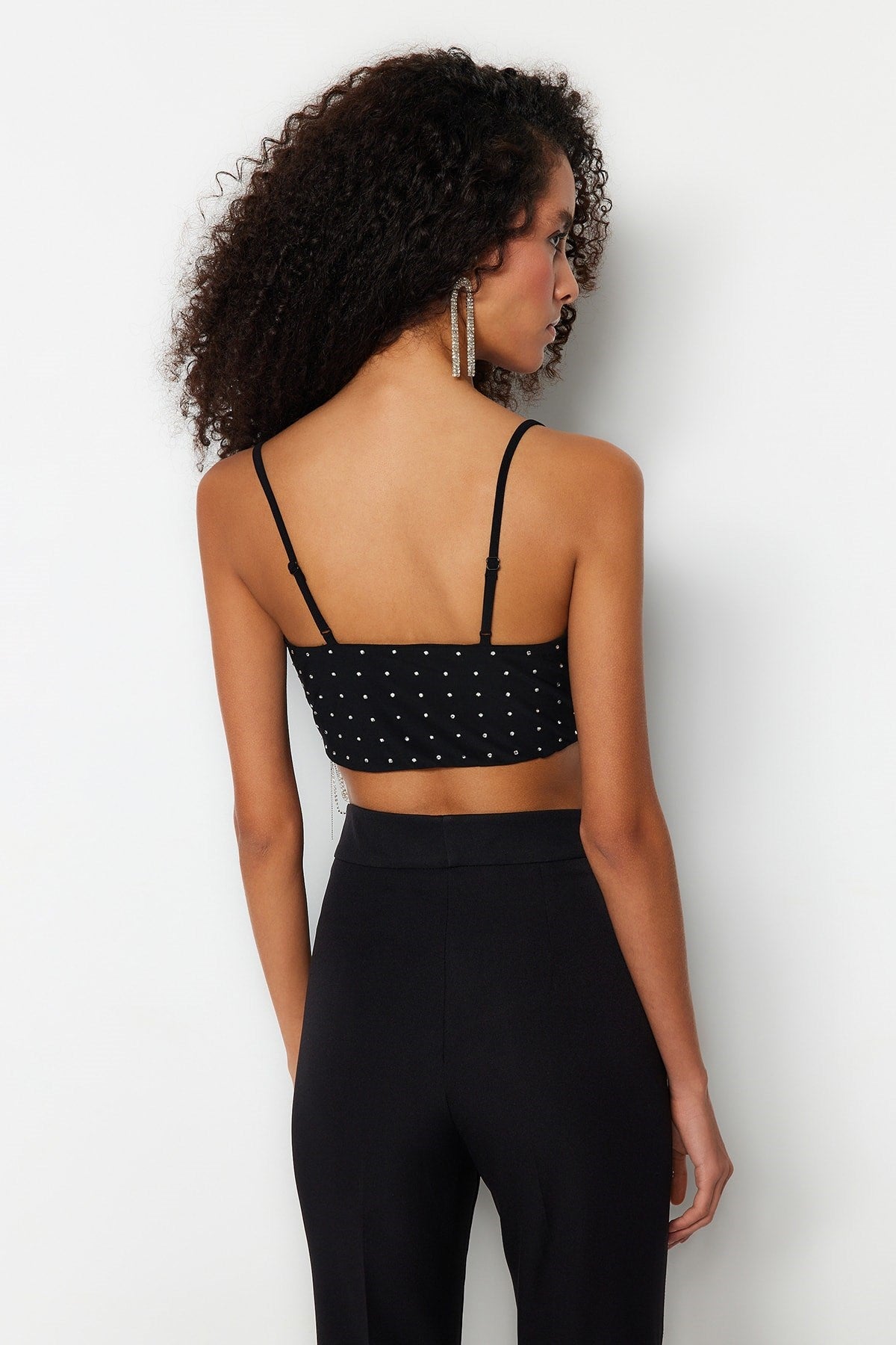 Black Crop Lined Knitted Shiny Stone Bustier Tprss23bs00109