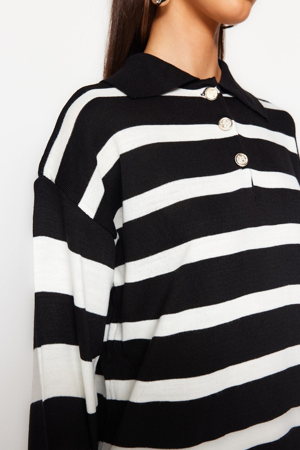 Black White Polo Neck Striped Knitwear Sweater Tctaw24ak00045