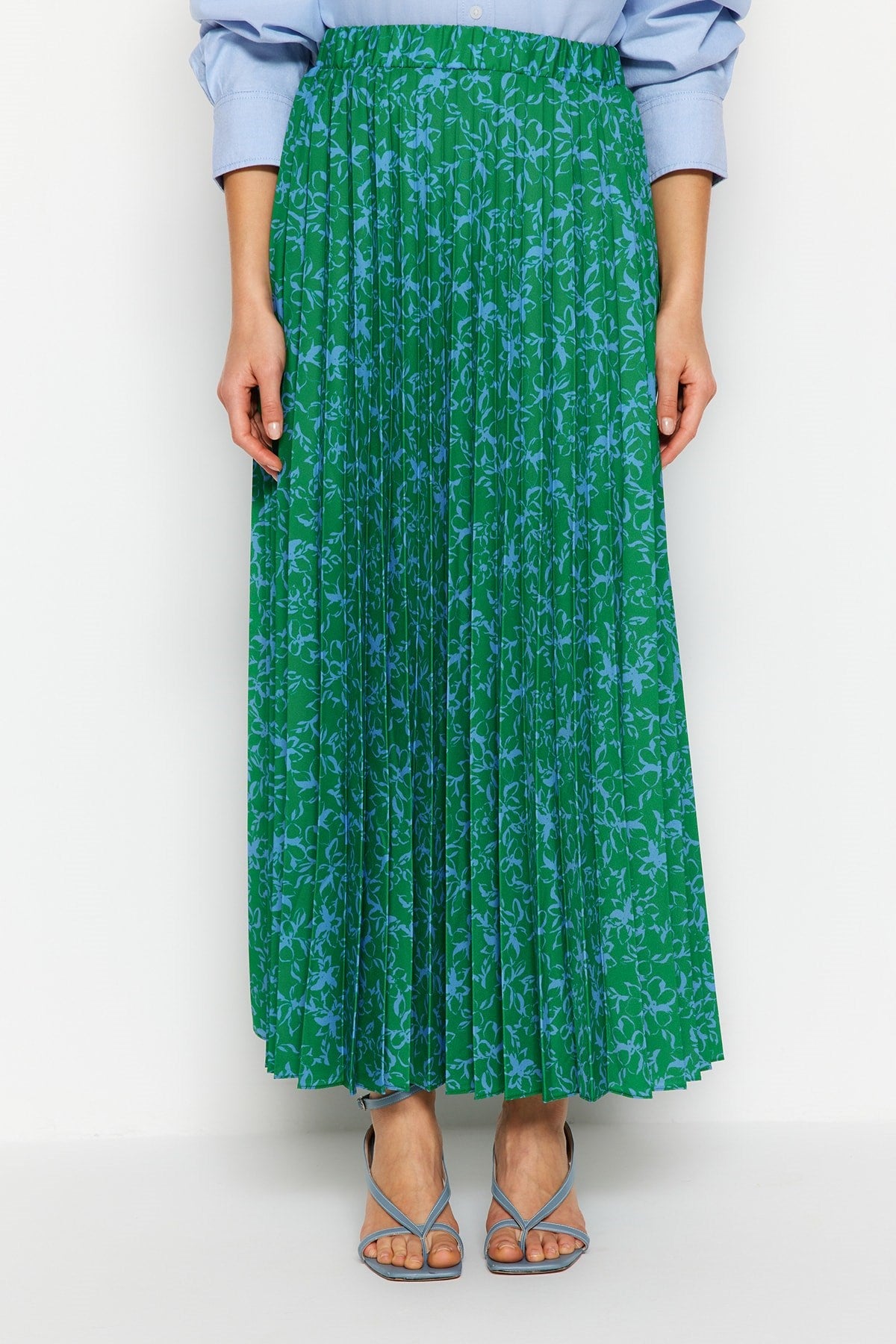 Green Floral Pattern Pleated Waist Elastic Woven Skirt Tctss23ee00018