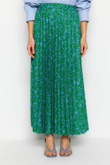 Green Floral Pattern Pleated Waist Elastic Woven Skirt Tctss23ee00018