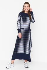 Navy Blue Striped Blouse Collar Knitwear Dress Tctaw23eb00012