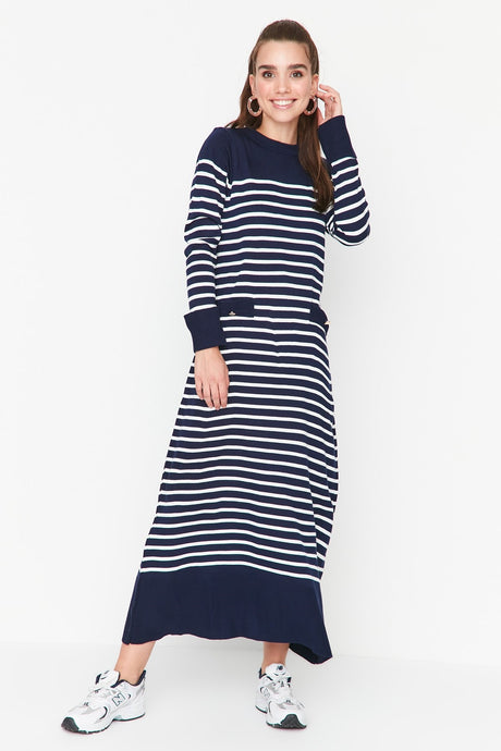 Navy Blue Striped Blouse Collar Knitwear Dress Tctaw23eb00012