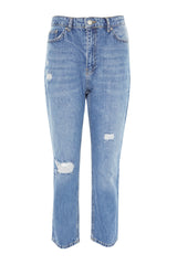 Blue Ripped Detailed High Waist Straight Jeans Twoss22je0431