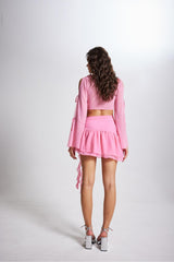 Rose Detailed Chiffon Carmen Skirt Pink Hlss23-00101