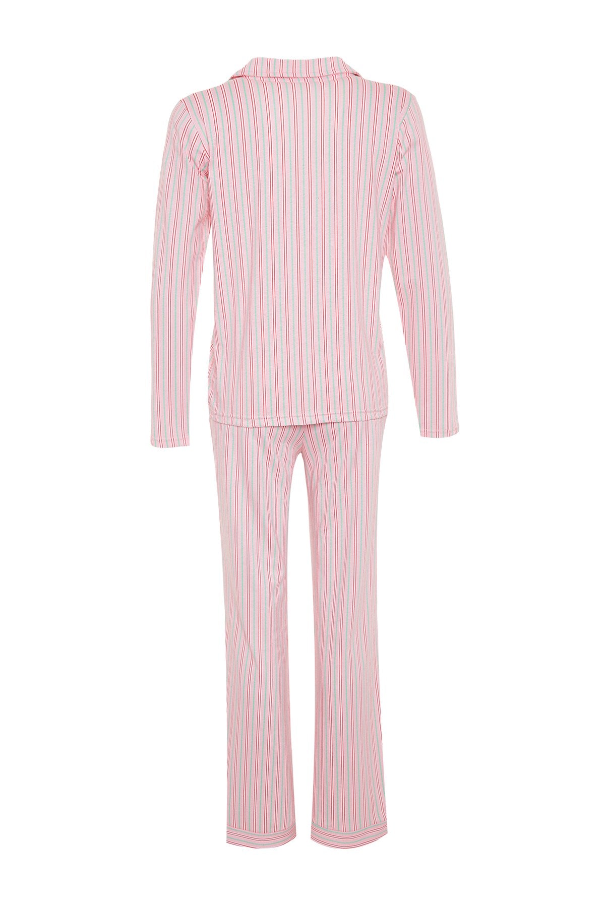 Pink 100% Cotton Striped Shirt-pants Knitted Pajama Set Thmaw24pt00144