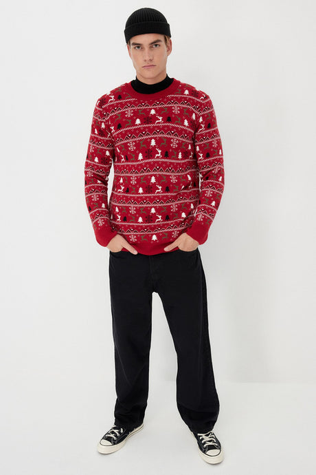 Red Men Regular Fit Crew Neck Christmas Jacquard Knitwear Sweater Tmnaw23kz00162