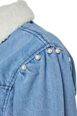 Indigo Fur Collar Pearl Button Detailed Denim Denim Jacket Tctaw24ck00017