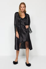 Black Satin Tassel Detailed Woven Dressing Gown Thmaw24sb00008