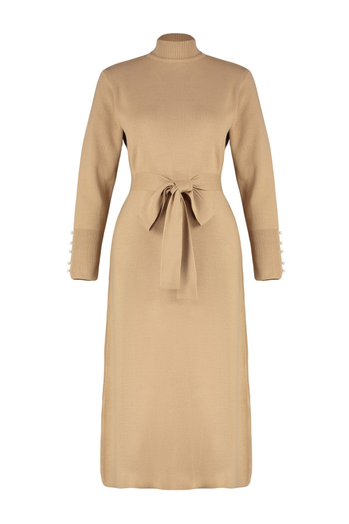 Beige Belted Pearl Detailed Long Knitwear Dress Tctaw24eb00016