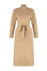 Beige Belted Pearl Detailed Long Knitwear Dress Tctaw24eb00016