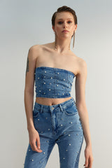 Limited Edition Blue Pearl Detailed Denim Bustier Twoss23bs00018