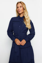 Navy Blue Belted Stripe Guipure Detailed Half Pat Cotton Woven Dress Tctss23eb00076