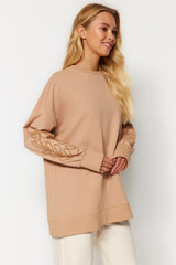 Camel Casual Cut Sleeves Embroidered Knitted Sweatshirt Tctaw24tw00009