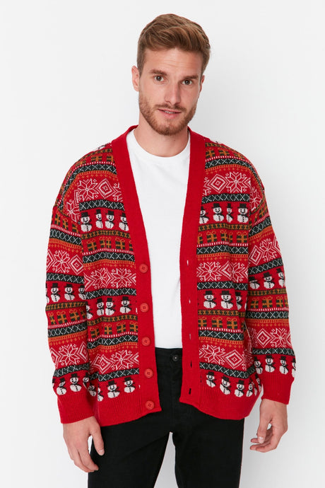 Multicolor Mens Oversize Fit Wide Pattern Christmas Knitwear Cardigan Tmnaw23hi00043