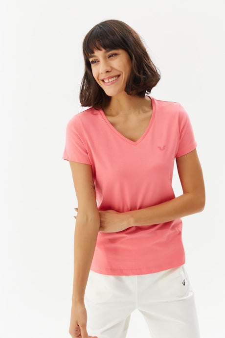 Women's Pink V Neck Basic 100% Cotton Casual And Sports Solid Color Short Sleeve T-shirt 8087 Tb20wl