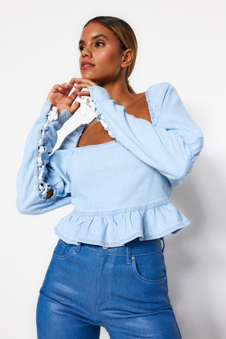 Light Blue Ruffled Denim Blouse Twoaw24bz00333