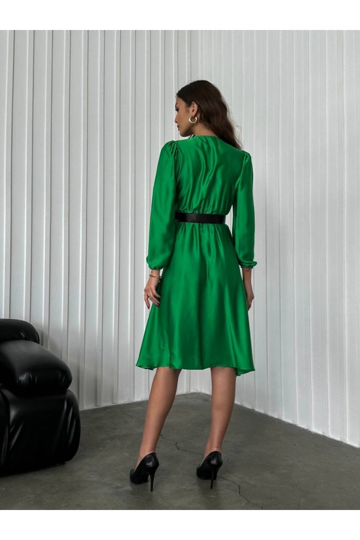 Grass Green Satin Belted Dress Tycl4u9g2n170006104502831