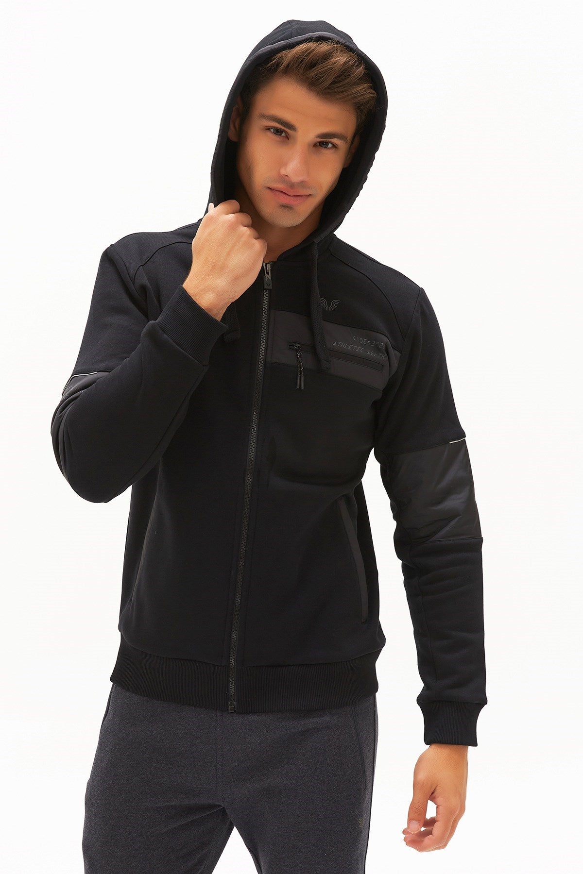 Men's Navy Blue Hooded Zipper Pocket Casual Sports Tracksuit Top 0371 Tb22ml06w0371-1