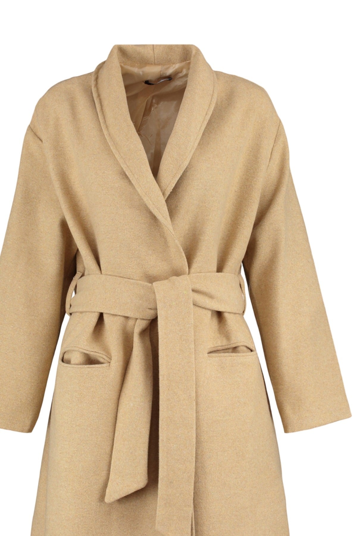 Camel Belted Oversize Cashmere Woven Coat Tbbaw23kb00004